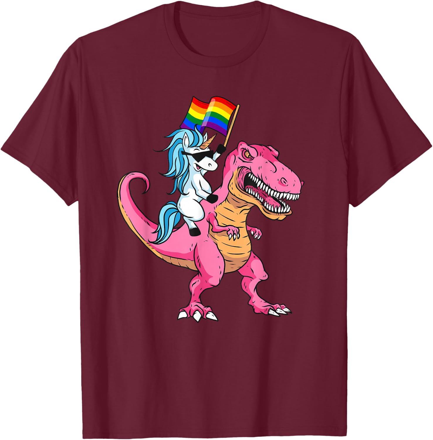 Unicorn Riding Dinosaur Pride Flag LGBTQ Lesbian Gay Pride T-Shirt - T-Shirt | Maroon