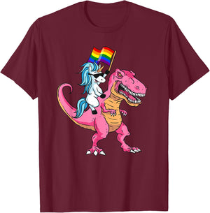Unicorn Riding Dinosaur Pride Flag LGBTQ Lesbian Gay Pride T-Shirt - T-Shirt | Maroon