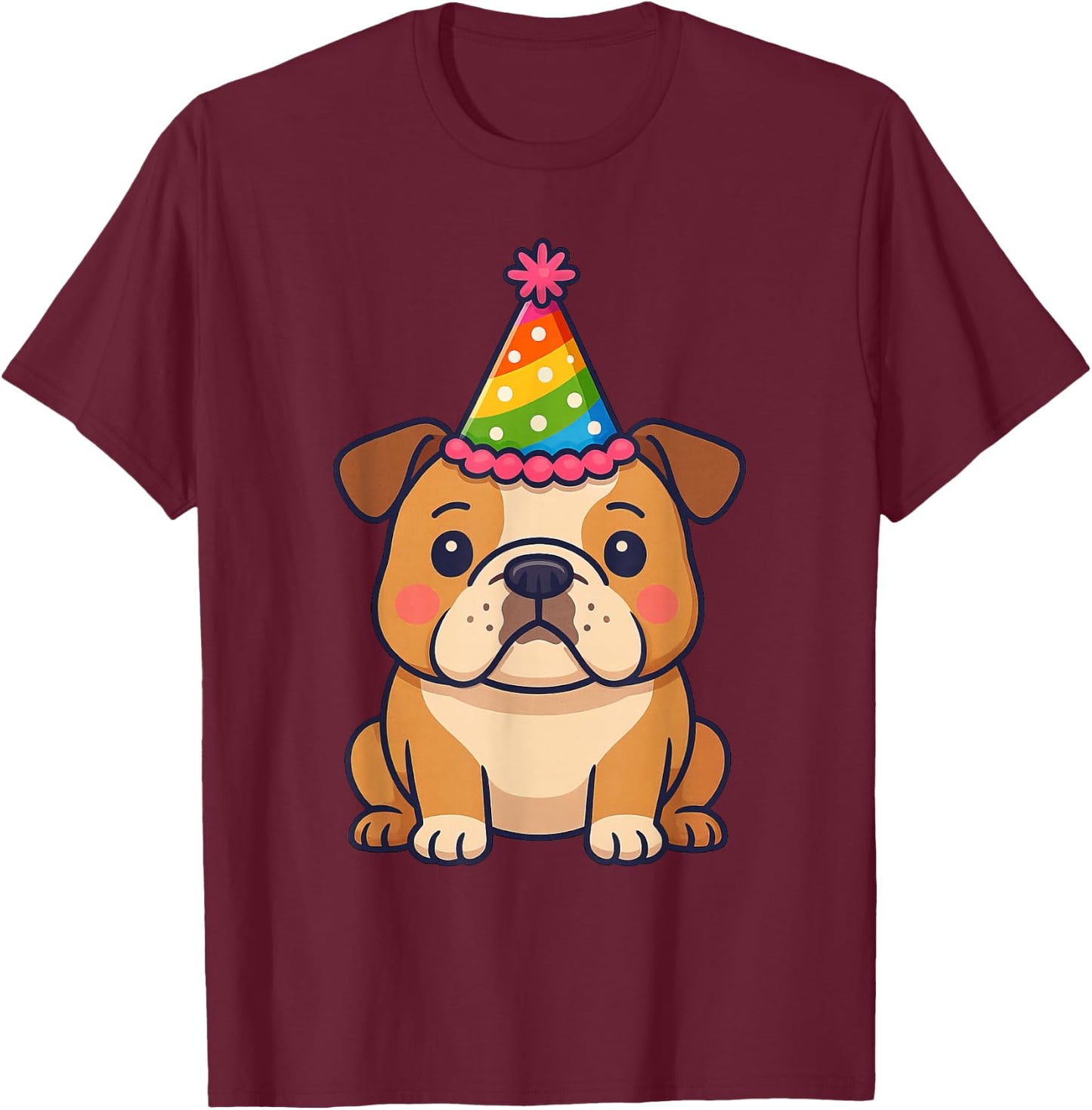 Anime Kawaii English Bulldog Dog Birthday Party Hat T-Shirt - T-Shirt | Maroon