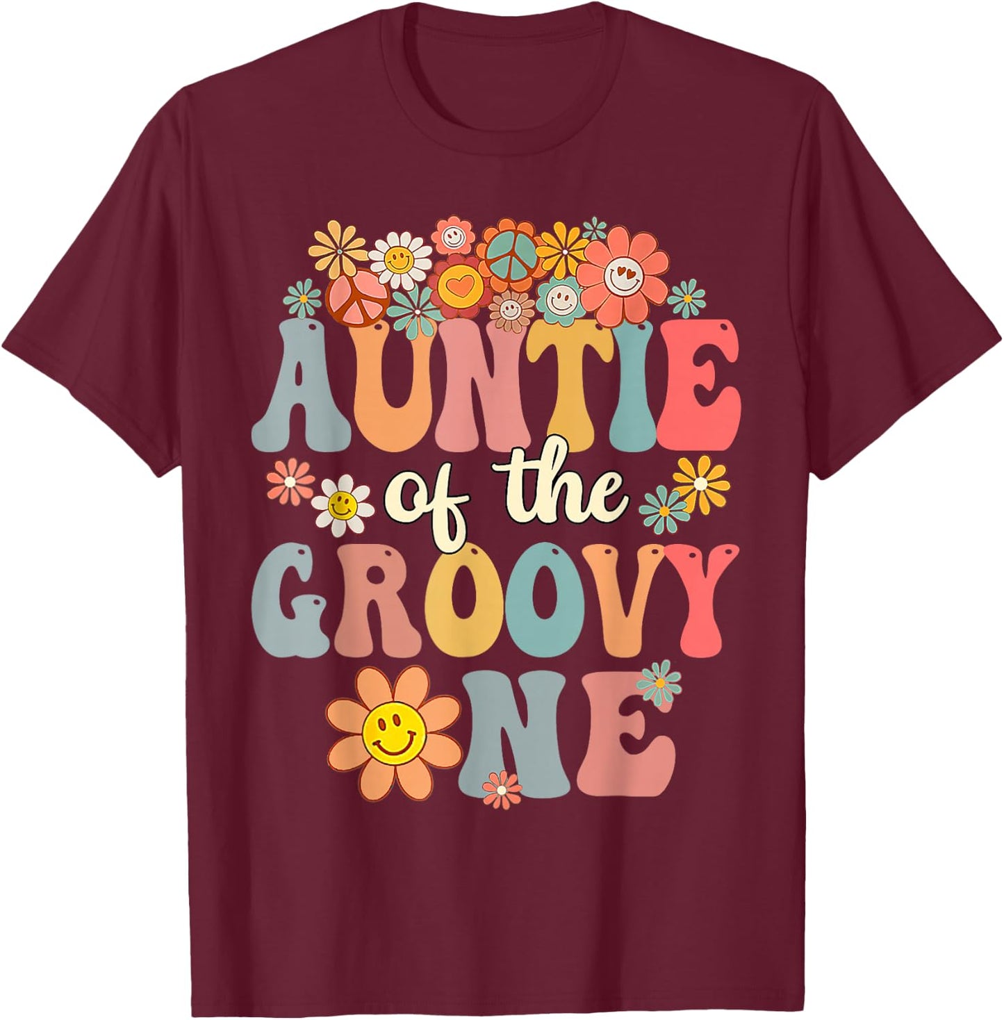 Auntie of Groovy One Matching Family 1st Birthday Party T-Shirt - T-Shirt | Maroon