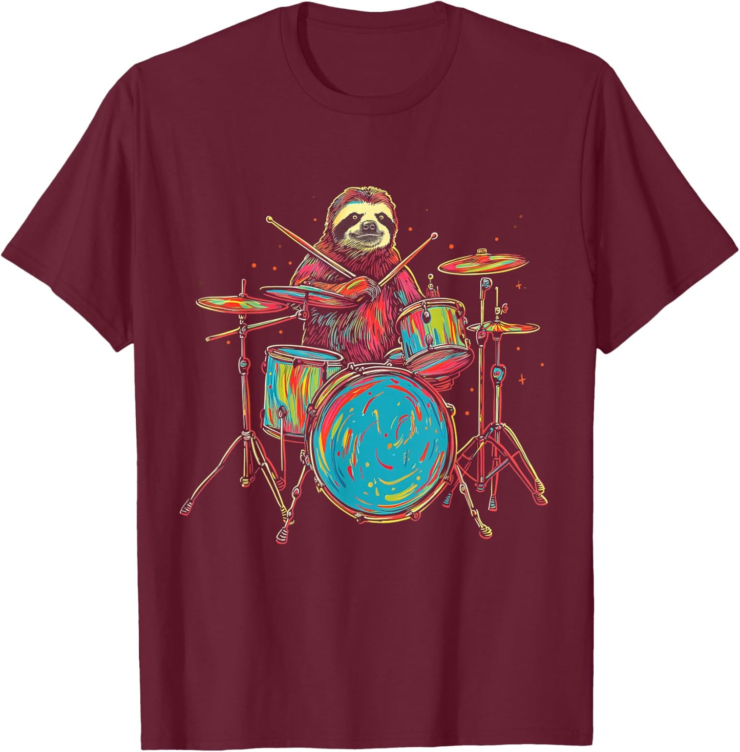 Sloth Plays Drums Funny Drumming Animal Drummer T-Shirt - T-Shirt | Maroon