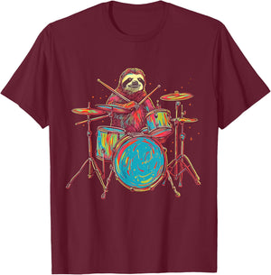 Sloth Plays Drums Funny Drumming Animal Drummer T-Shirt - T-Shirt | Maroon