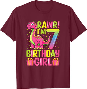 Rawr I'm 7 Birthday Girl Dinosaur T-Rex 7th Birthday Party T-Shirt - T-Shirt | Maroon