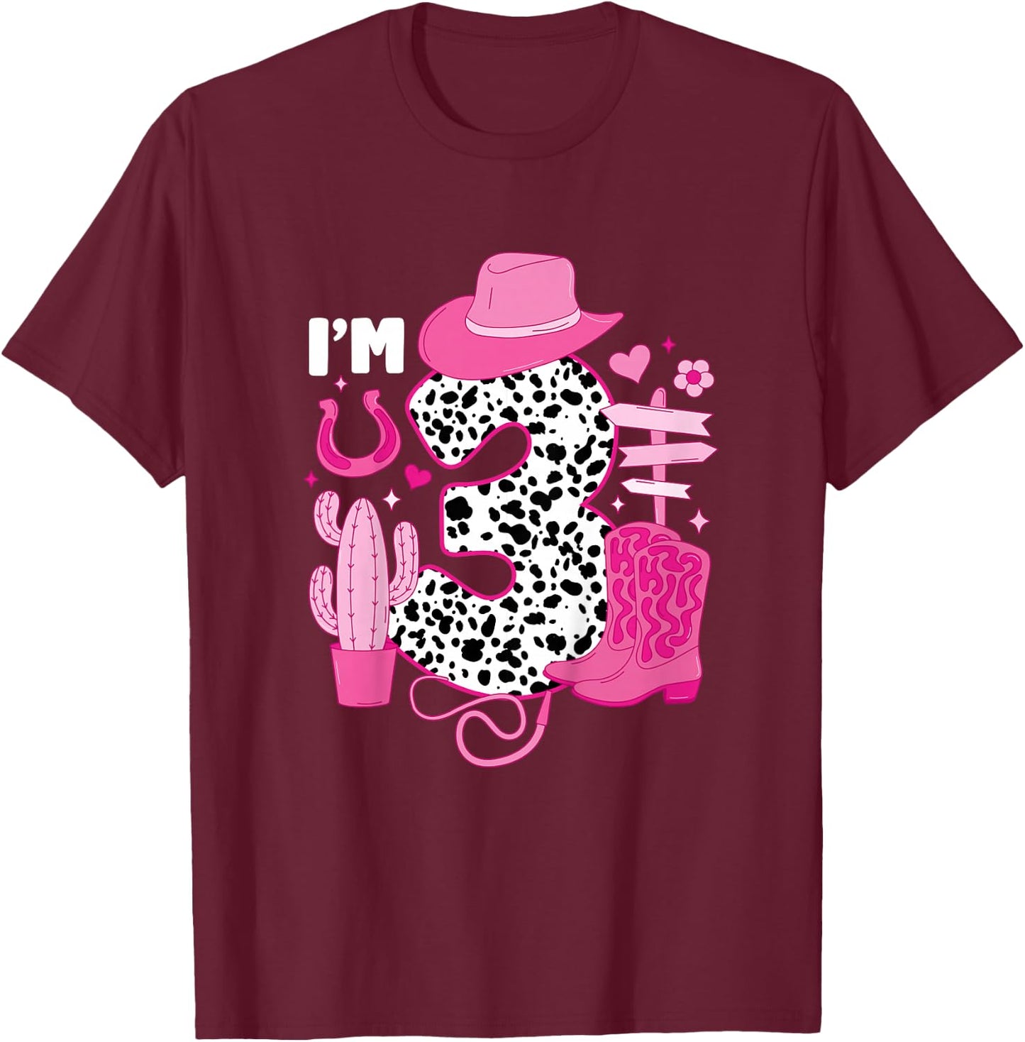 Kids 3rd Birthday Cowgirl Three Year Old Cow Girl Birthday Party T-Shirt - T-Shirt | Maroon