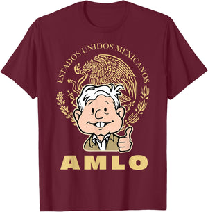 AMLO President With Mexican Escudo Nacional Amlito Cartoon T-Shirt - T-Shirt | Maroon