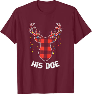 Plaid Reindeer His Doe Matching Christmas Couple Women PJ T-Shirt - T-Shirt | Maroon