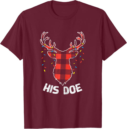 Plaid Reindeer His Doe Matching Christmas Couple Women PJ T-Shirt - T-Shirt | Maroon