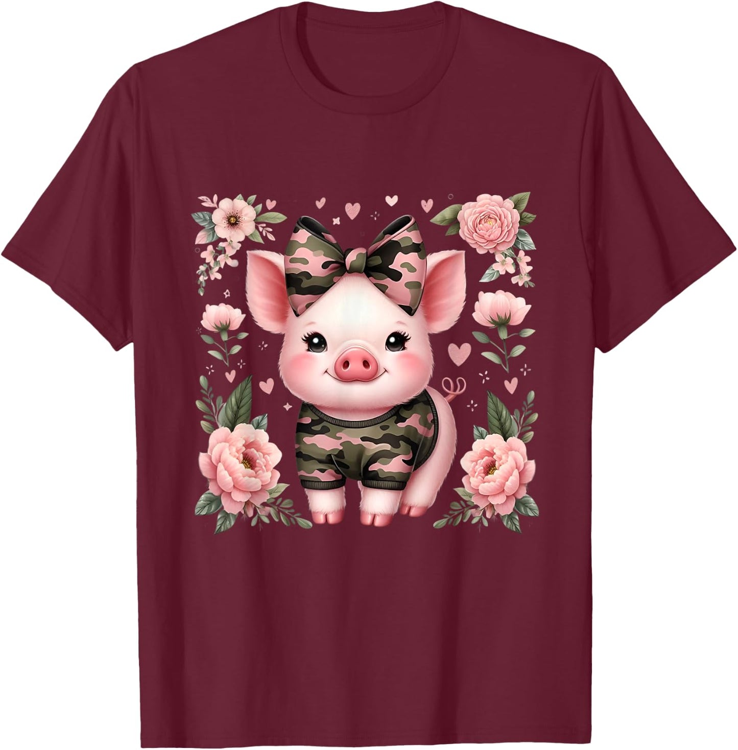 Cute Pig Camouflage Old Camo Bow Camo Coquette Bow Hunting T-Shirt - T-Shirt | Maroon