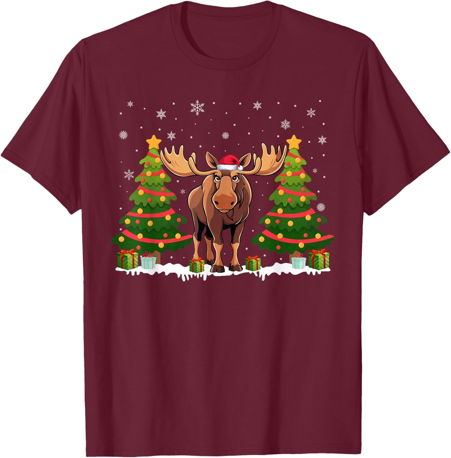 Xmas Tree Lights Moose Santa Hat Christmas Sweater T-Shirt - T-Shirt | Maroon