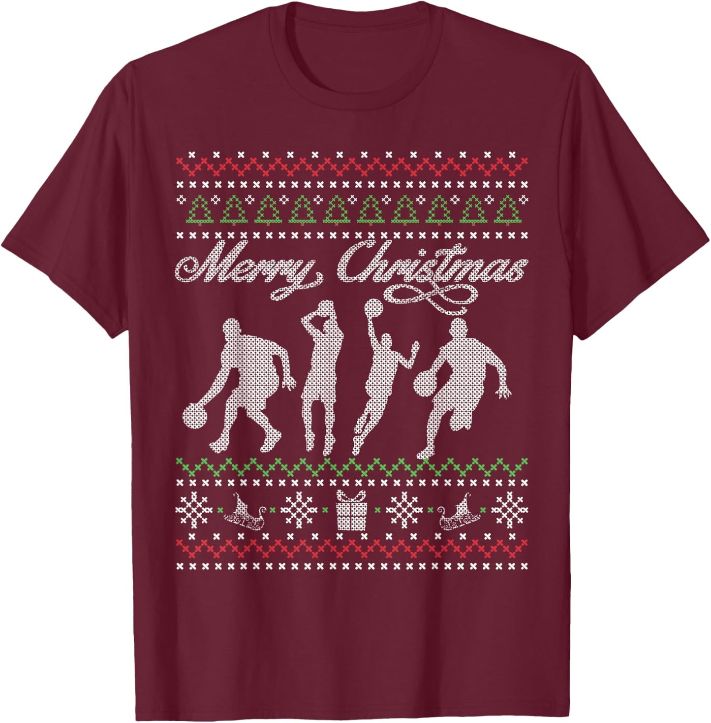 Basketball Christmas T Shirt | Ugly Xmas Gift T-Shirt - T-Shirt | Maroon