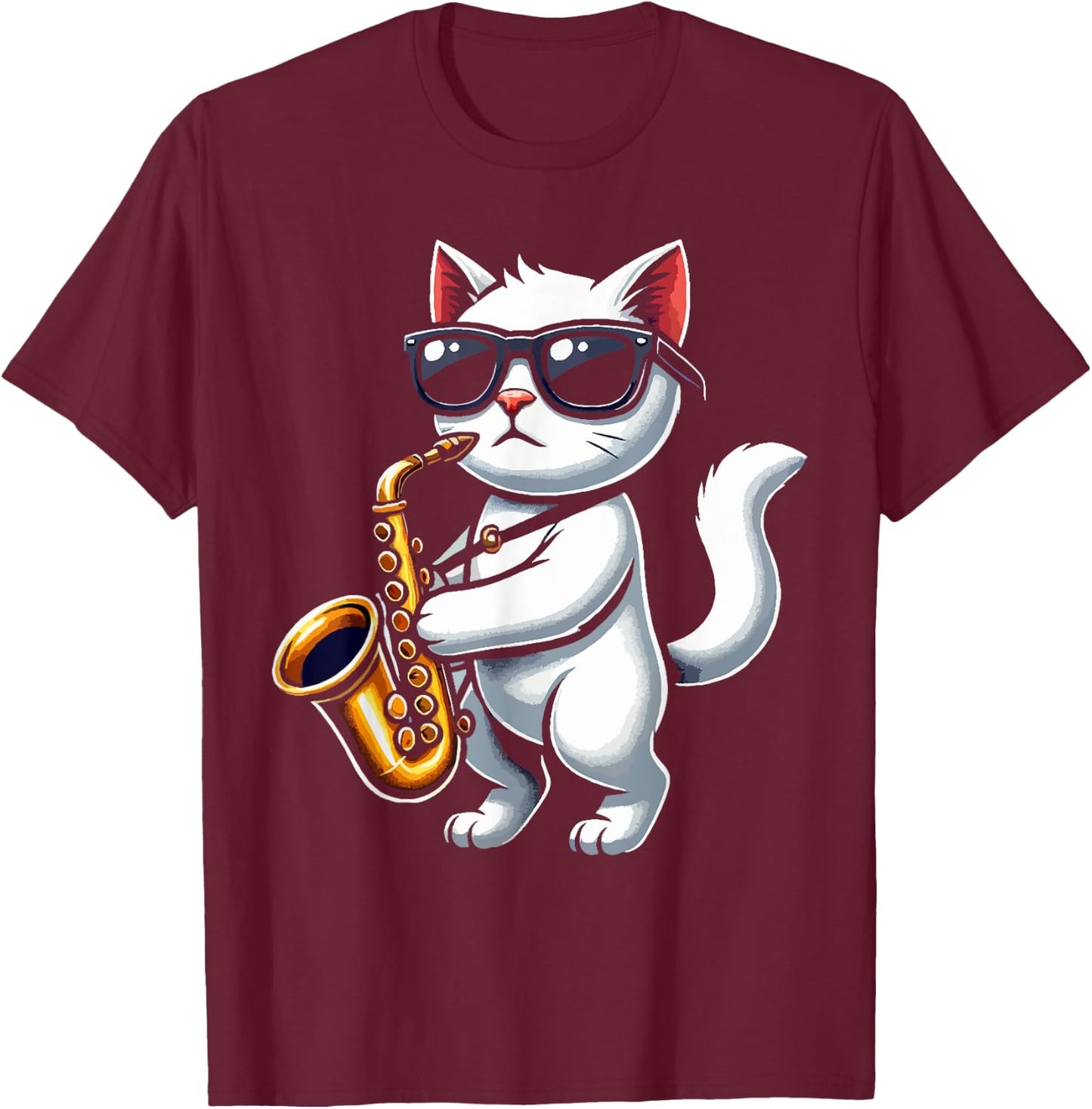 Funny Cat Wearing Sunglasses Playing Saxophone T-Shirt - T-Shirt | Maroon