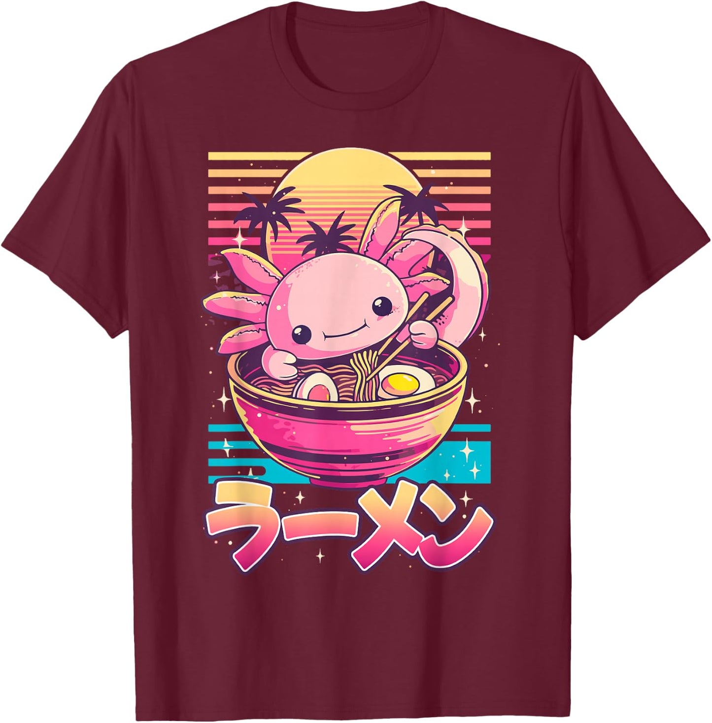 Adults Anime Retro Kawaii Axolotl Ramen T-Shirt - T-Shirt | Maroon