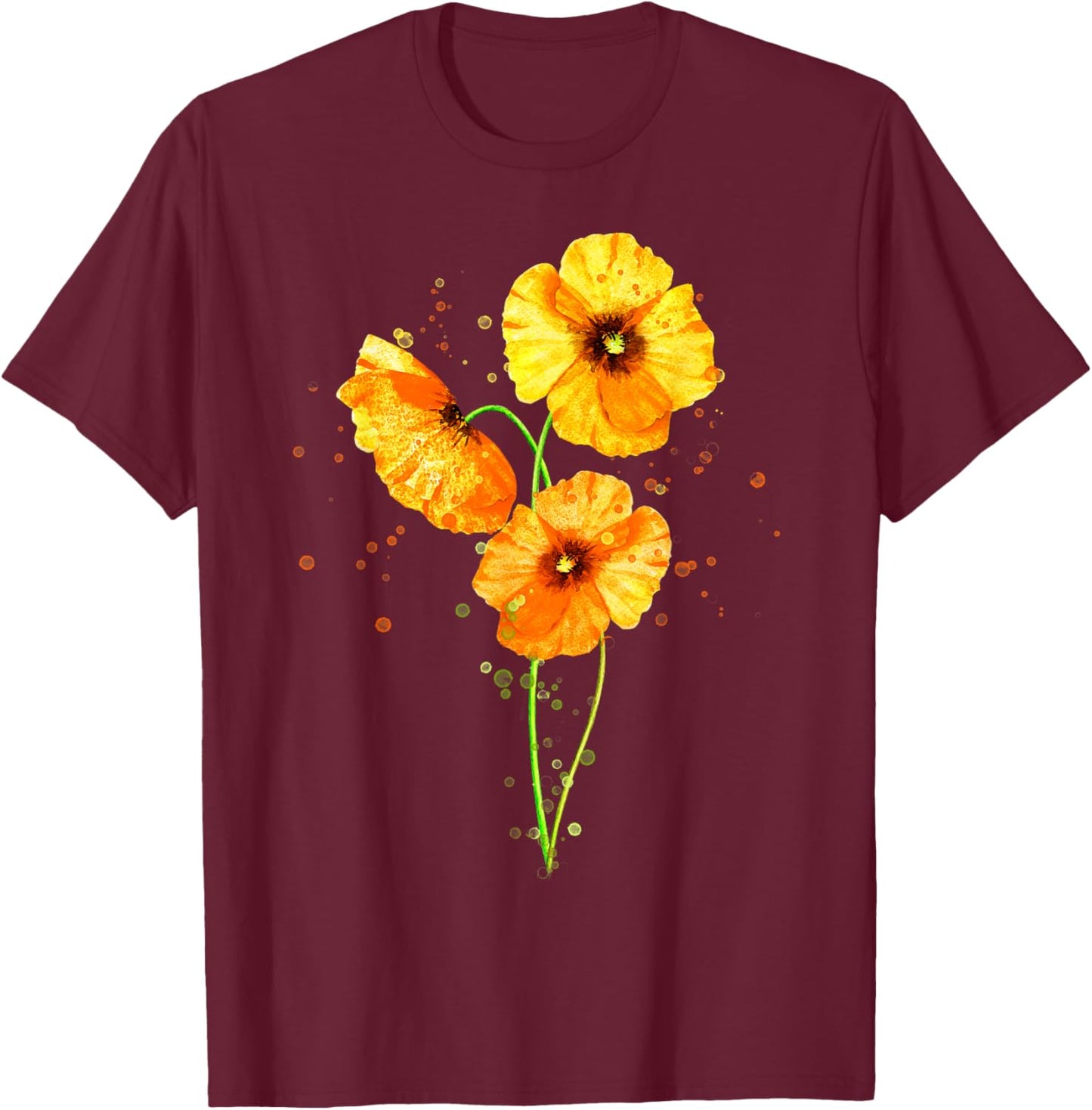 California Poppies Watercolor Flowers Wildflowers Orange T-Shirt - T-Shirt | Maroon