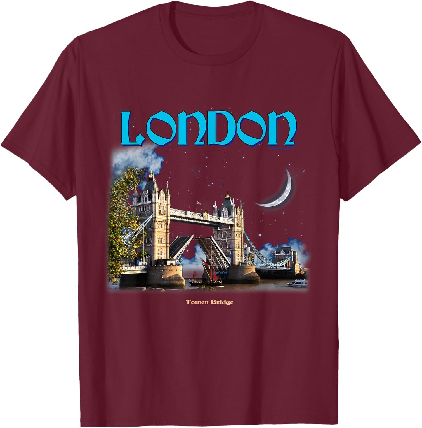 London Calling Tower Bridge Moonlight British City Souvenir T-Shirt - T-Shirt | Maroon