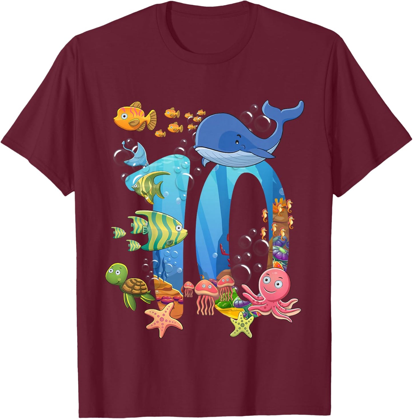 10 Years Old Sea Fish Ocean Animal 10th Birthday Boy Girl T-Shirt - T-Shirt | Maroon