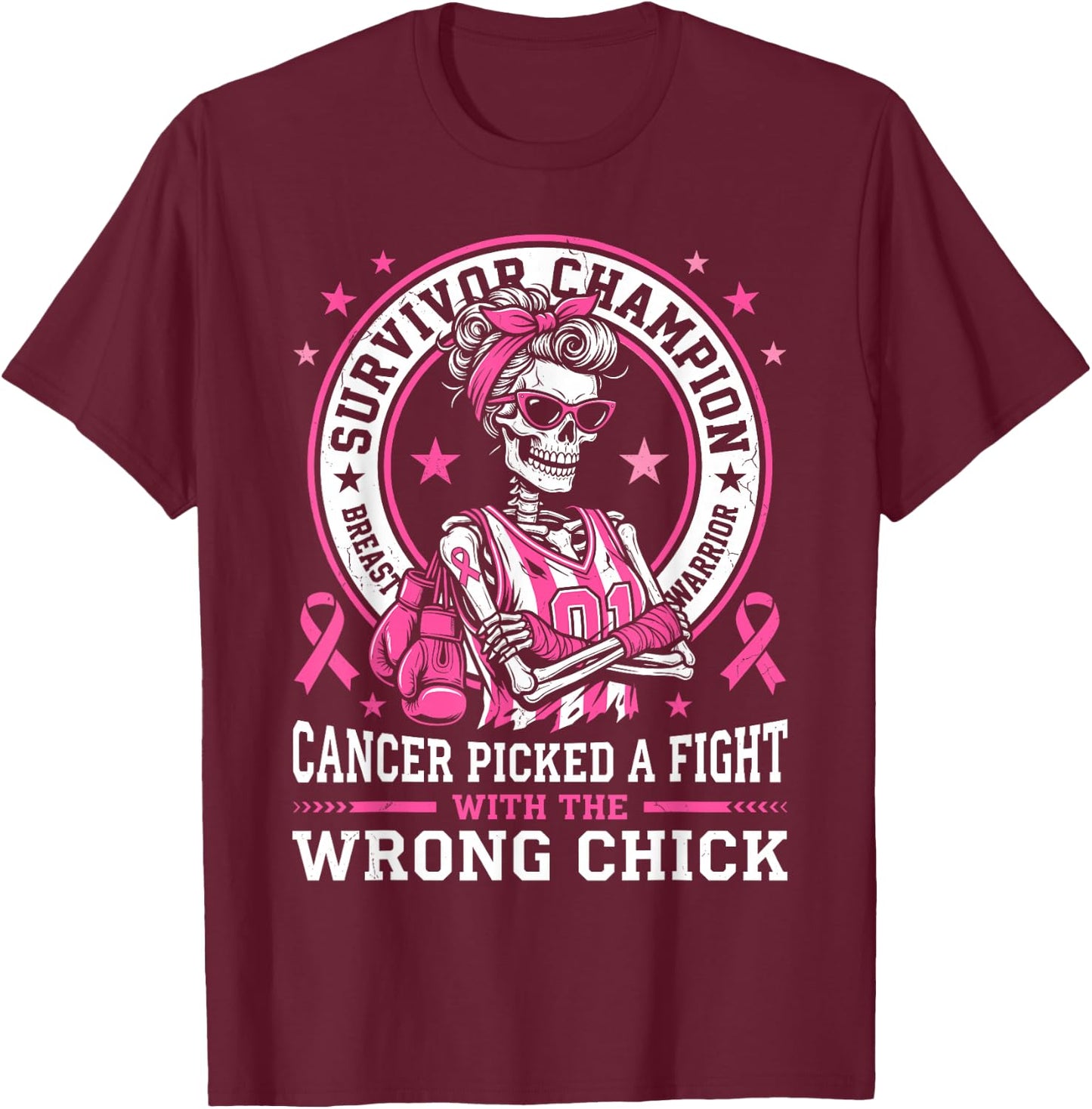 Cancer Picked A Fight with The Wrong Chick Breast Cancer Gag T-Shirt - T-Shirt | Maroon