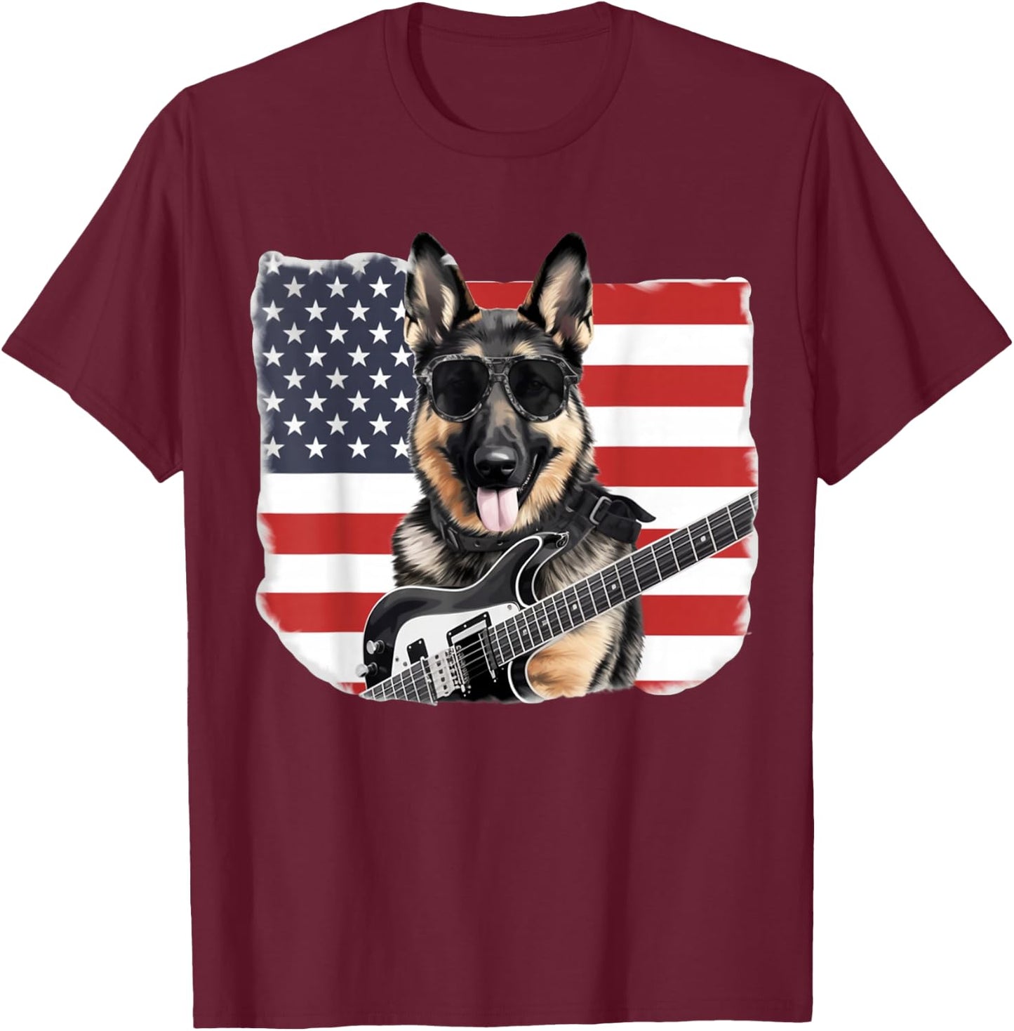 Sunglasses German Shepherd Guitar Rock & Roll American Flag T-Shirt - T-Shirt | Maroon