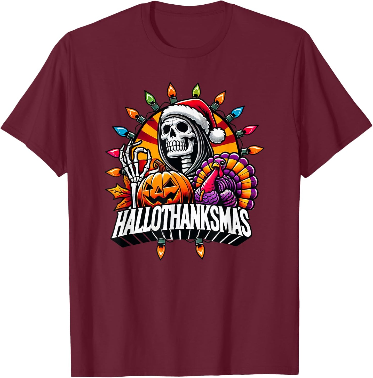 Happy HallowThanksMas Halloween Thanksgiving Christmas Fall T-Shirt - T-Shirt | Maroon