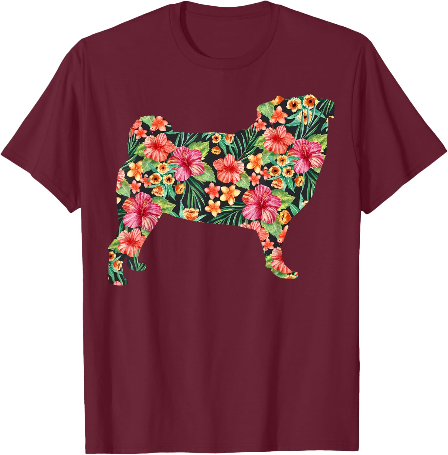 Pug Flower Funny Dog Silhouette Floral Gifts Women Men T-Shirt - T-Shirt | Maroon