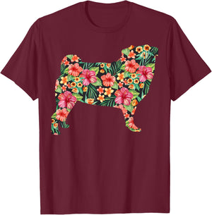 Pug Flower Funny Dog Silhouette Floral Gifts Women Men T-Shirt - T-Shirt | Maroon