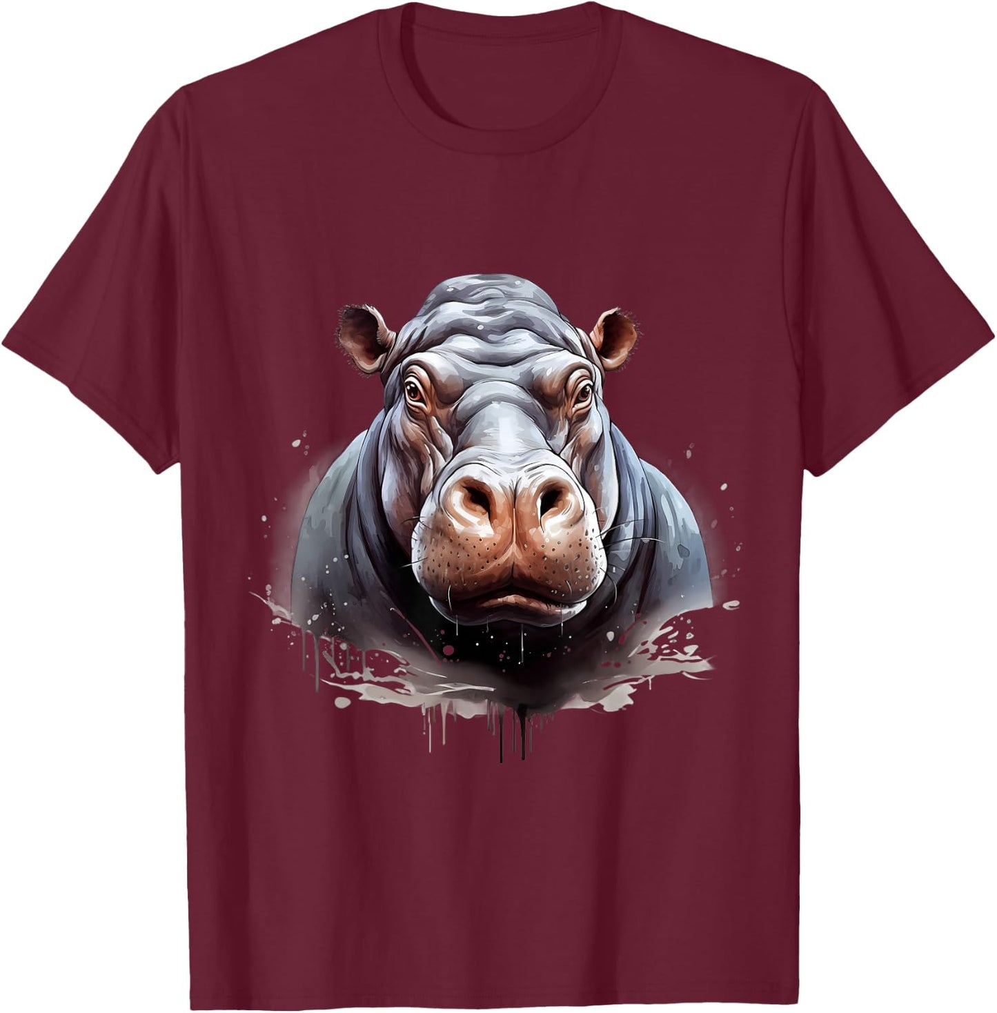 Hippo Portrait Hippopotamus Motif Wildlife Splash Artwork T-Shirt - T-Shirt | Maroon