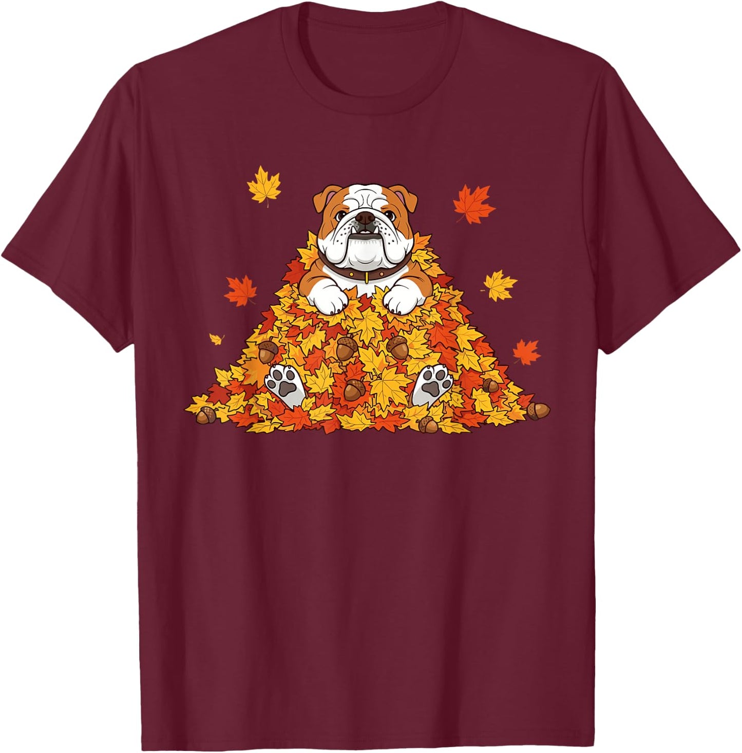 Thanksgiving English Bulldog Costume Kids, Fall Leaves Dog T-Shirt - T-Shirt | Maroon