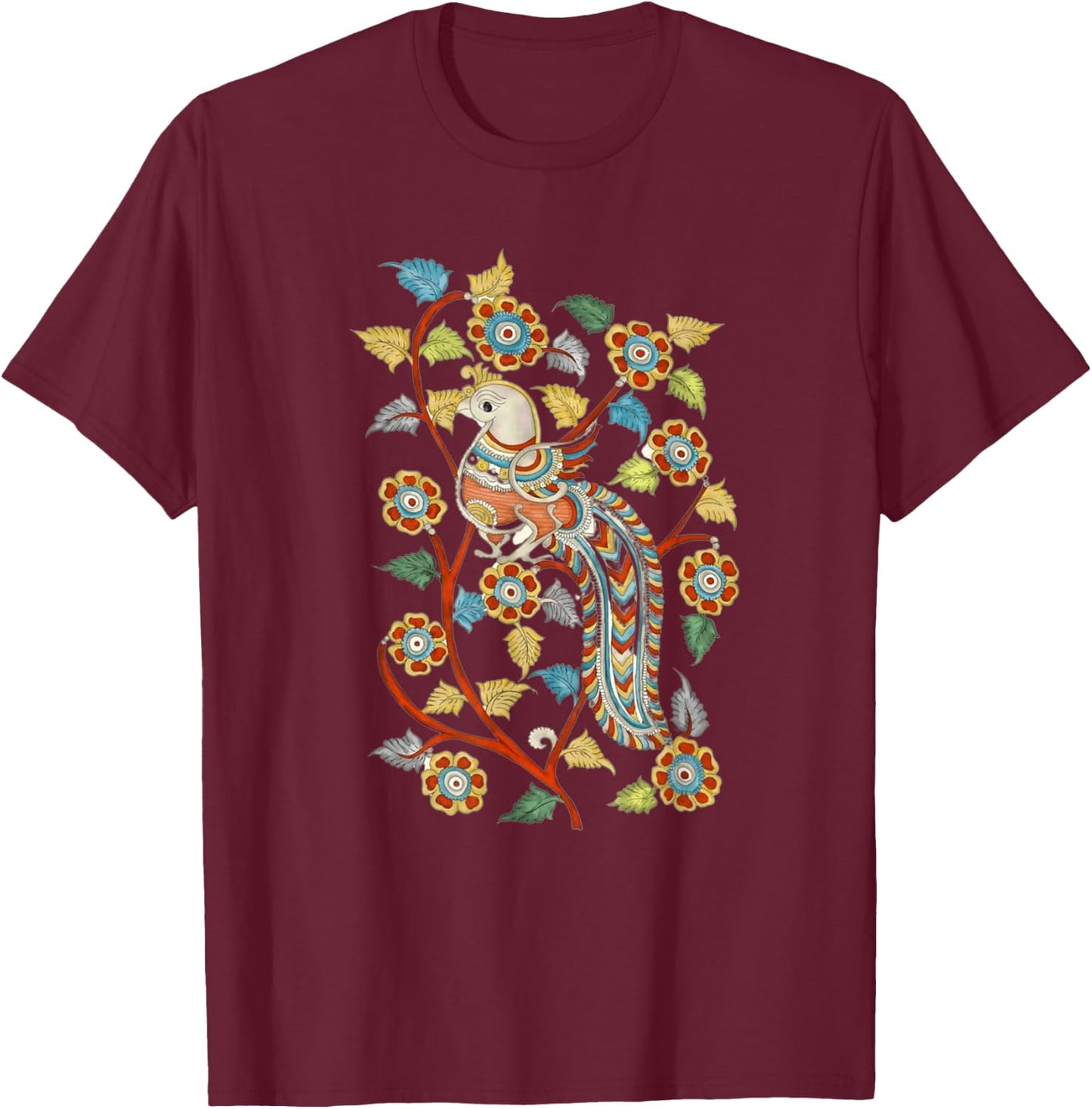 Kalamkari Peacock T-Shirt - T-Shirt | Maroon