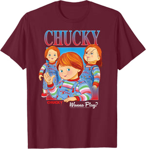 Chucky Wanna Play Vintage , Black, S T-Shirt - T-Shirt | Maroon