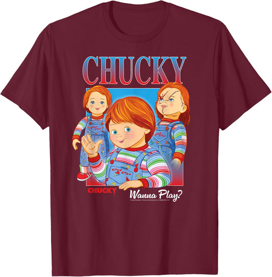 Chucky Wanna Play Vintage , Black, S T-Shirt - T-Shirt | Maroon