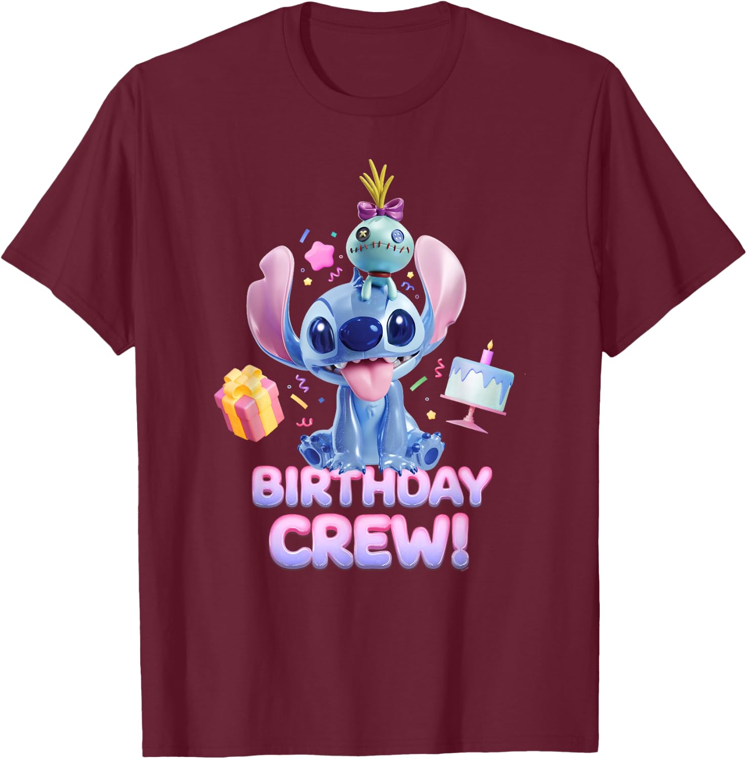 Disney Lilo & Stitch with Scrump Big Shiny Birthday Crew , black T-Shirt - T-Shirt | Maroon