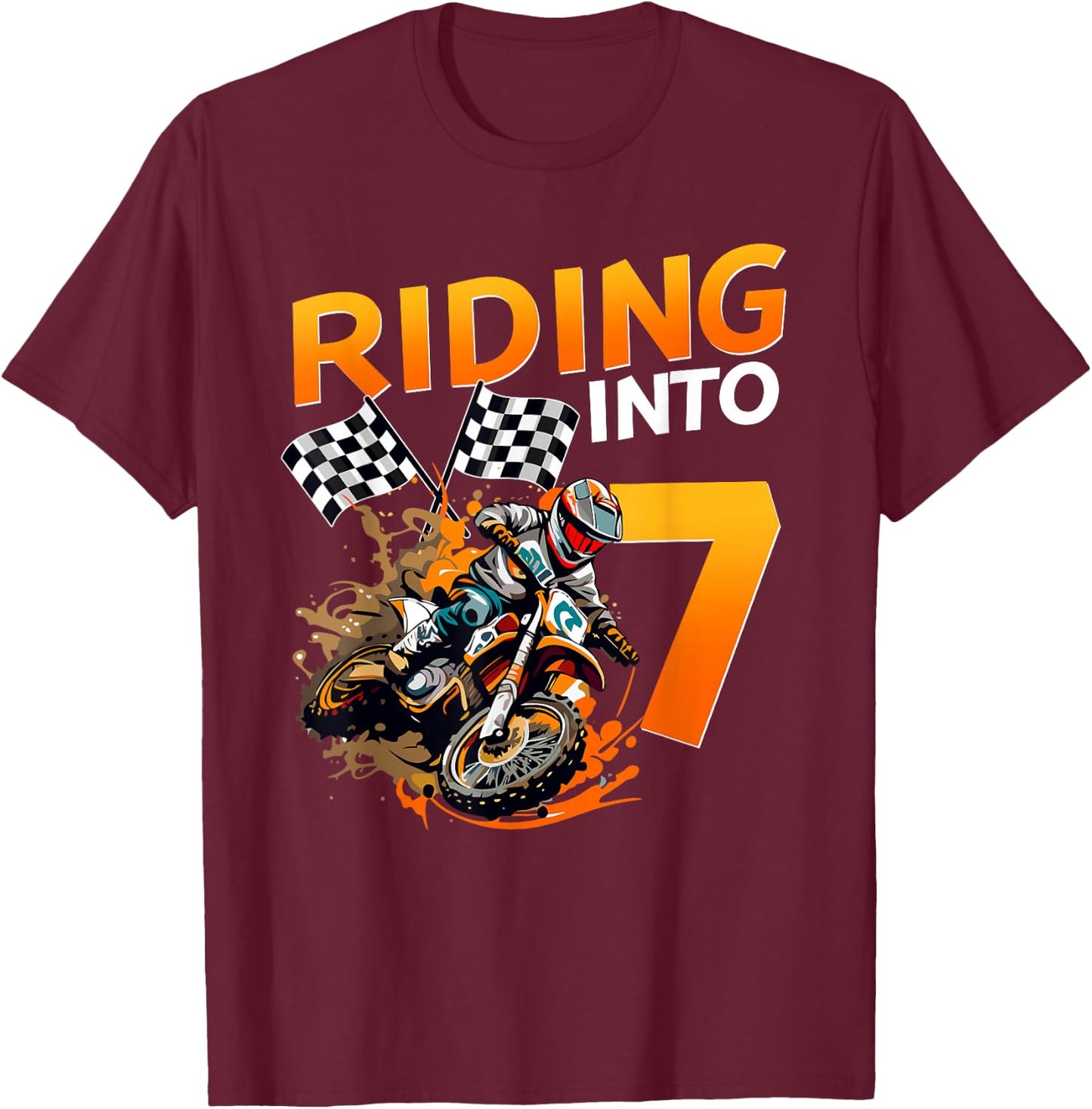 Riding Into 7 Years Old Birthday Dirt Bike Boy 7th Party T-Shirt - T-Shirt | Maroon