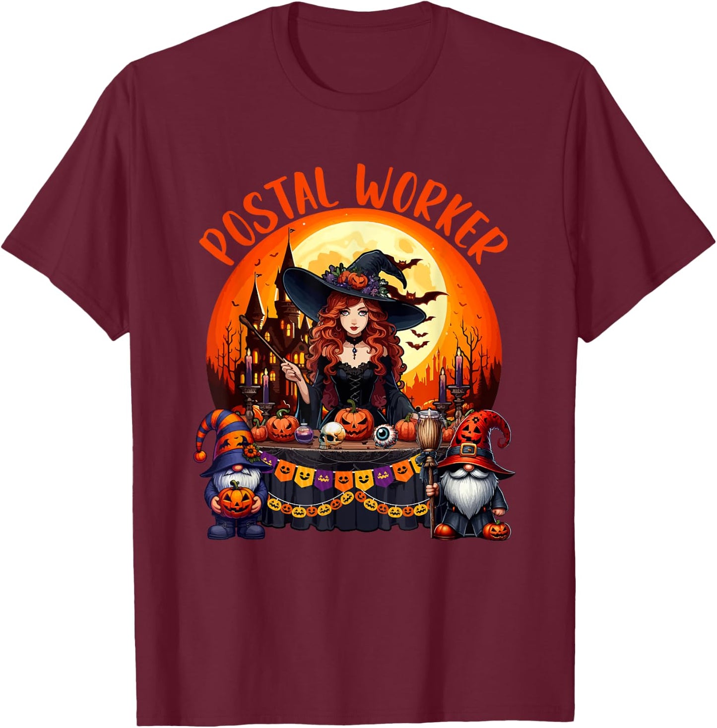 Postal Worker Job Costume Witch Horror Gnomes Halloween Moon T-Shirt - T-Shirt | Maroon