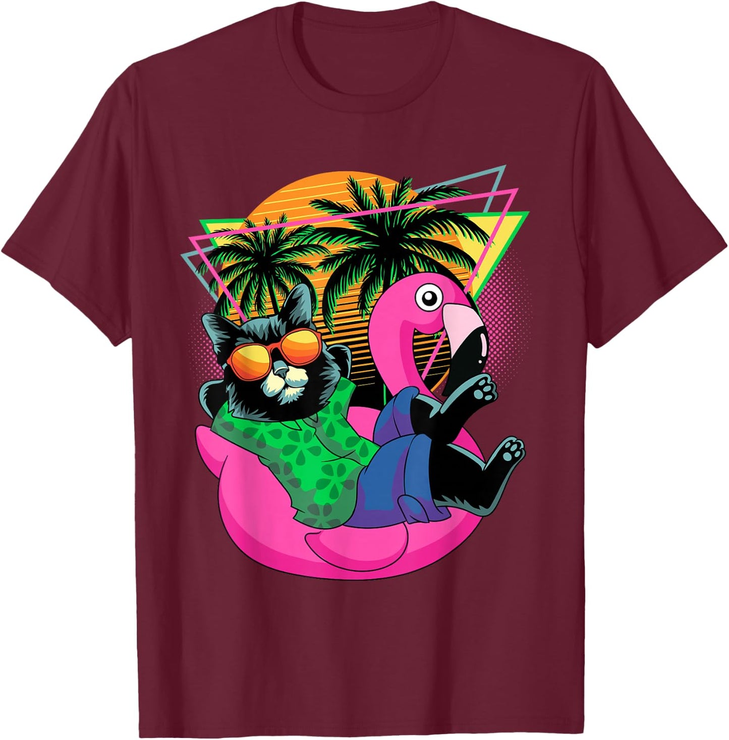 Retro 80s 90s Flamingo Cat Gifts Men Kids Women Funny Cat T-Shirt - T-Shirt | Maroon