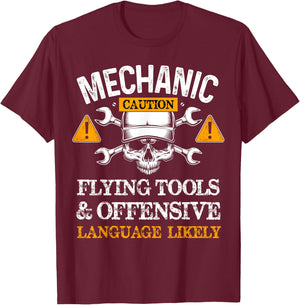 Funny Mechanic Caution Flying Tools And Offensive Language T-Shirt - T-Shirt | Maroon