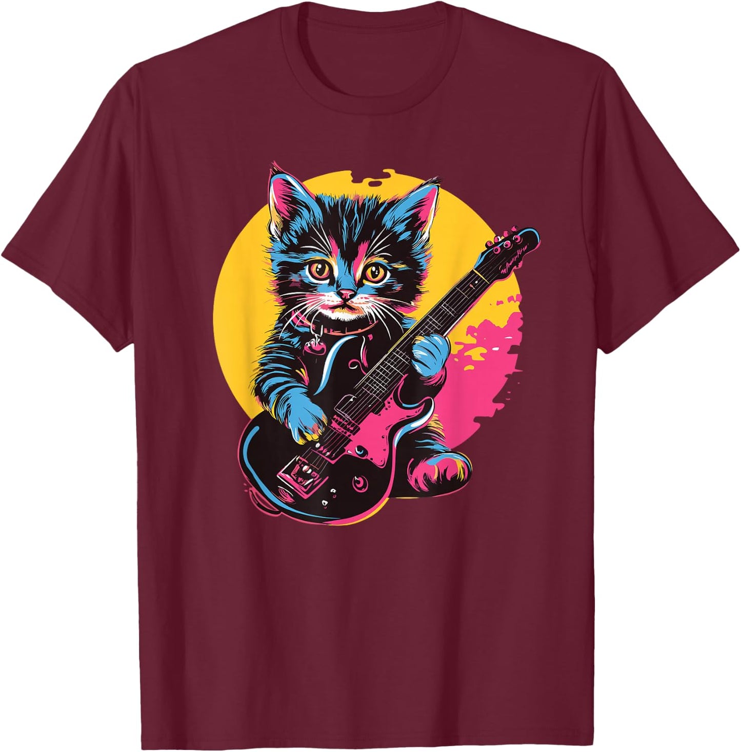 Cute Kitten Playing Guitar Rock Style , Black, S T-Shirt - T-Shirt | Maroon