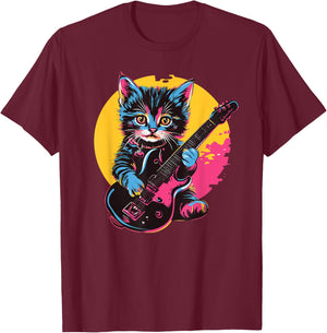 Cute Kitten Playing Guitar Rock Style , Black, S T-Shirt - T-Shirt | Maroon