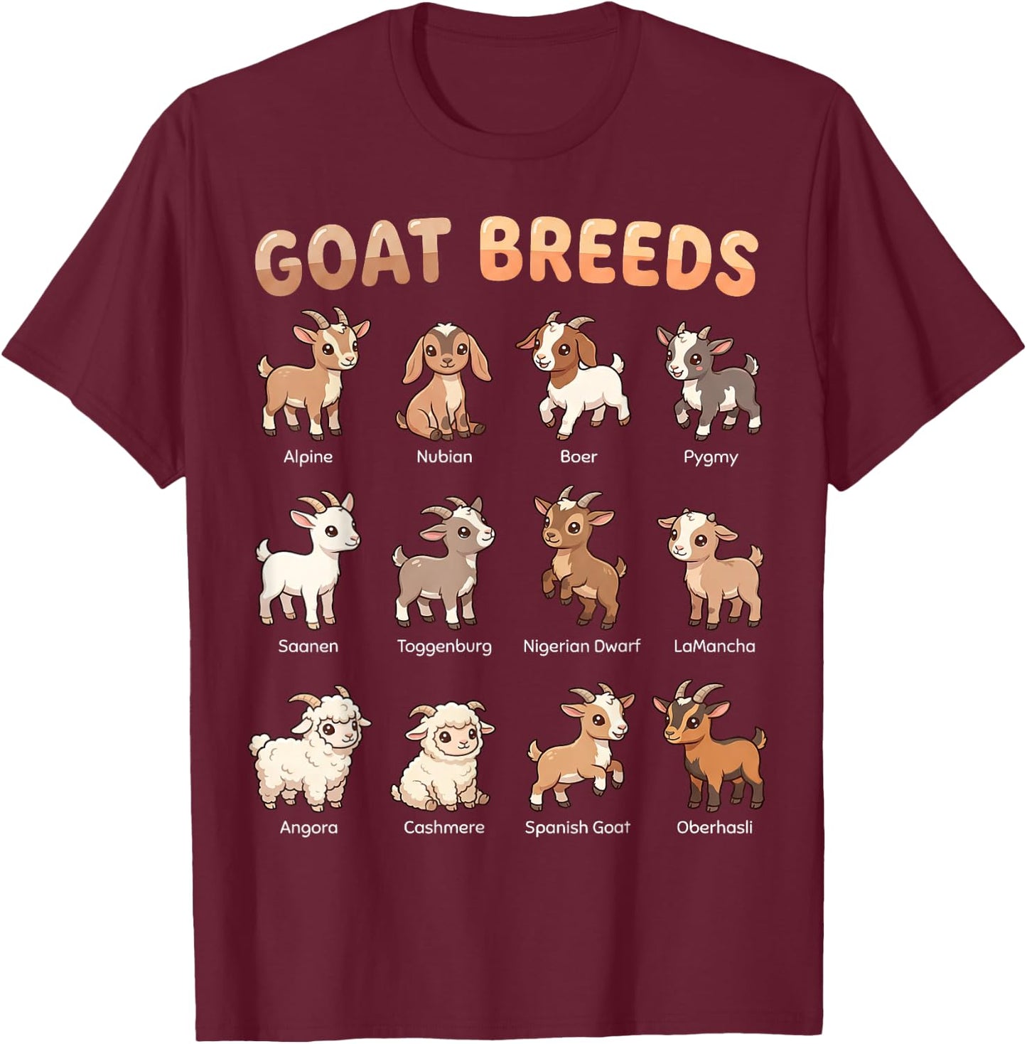 Goat Breeds for Kids Farm Animals Learning Chart T-Shirt - T-Shirt | Maroon