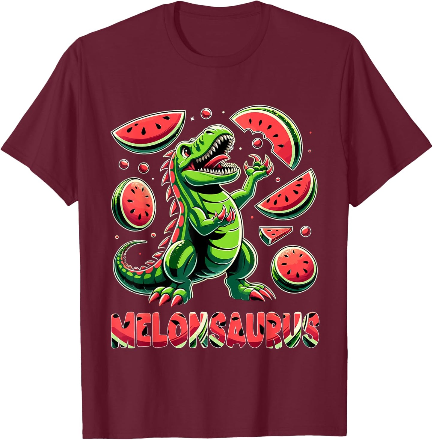 Melonsaurus Watermelon Dinosaur Summer Tropical Vacation T-Shirt - T-Shirt | Maroon