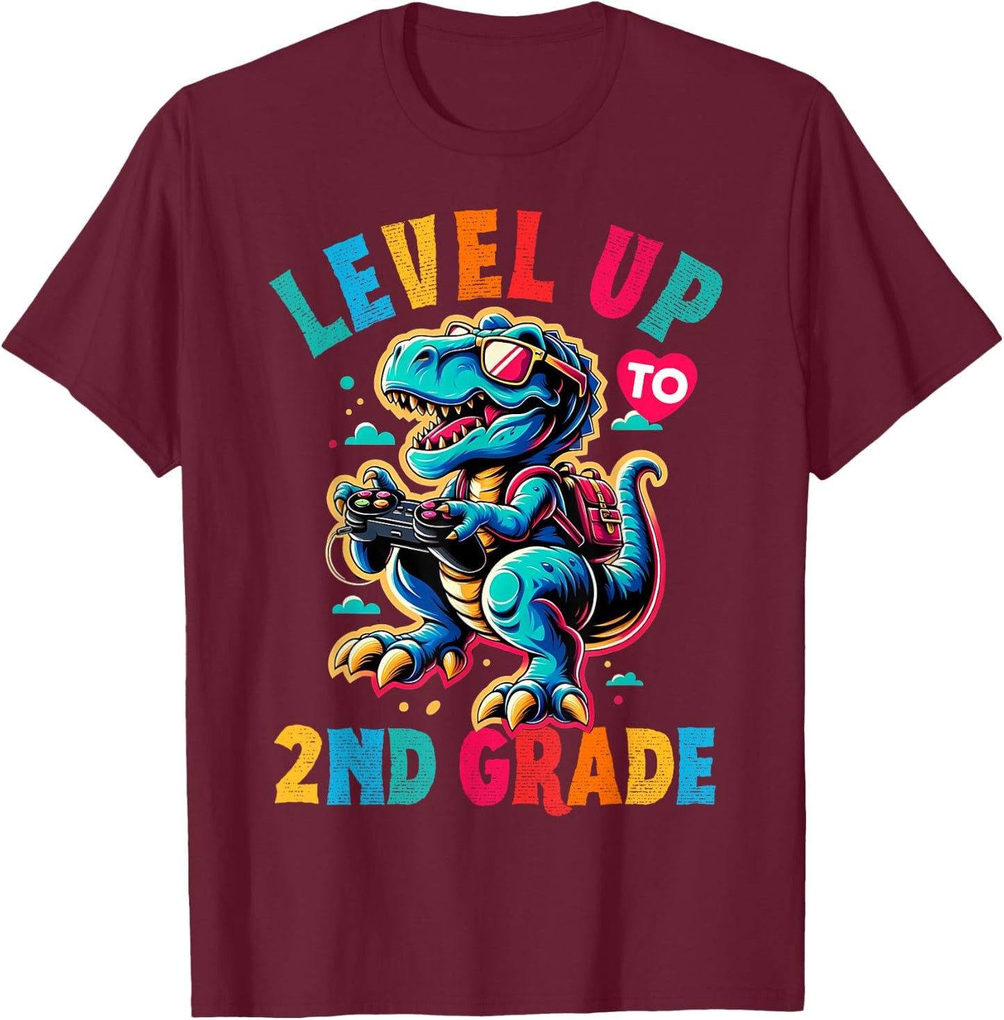 Dinosaur boys back to School 2nd grade Level up video games T-Shirt - T-Shirt | Maroon
