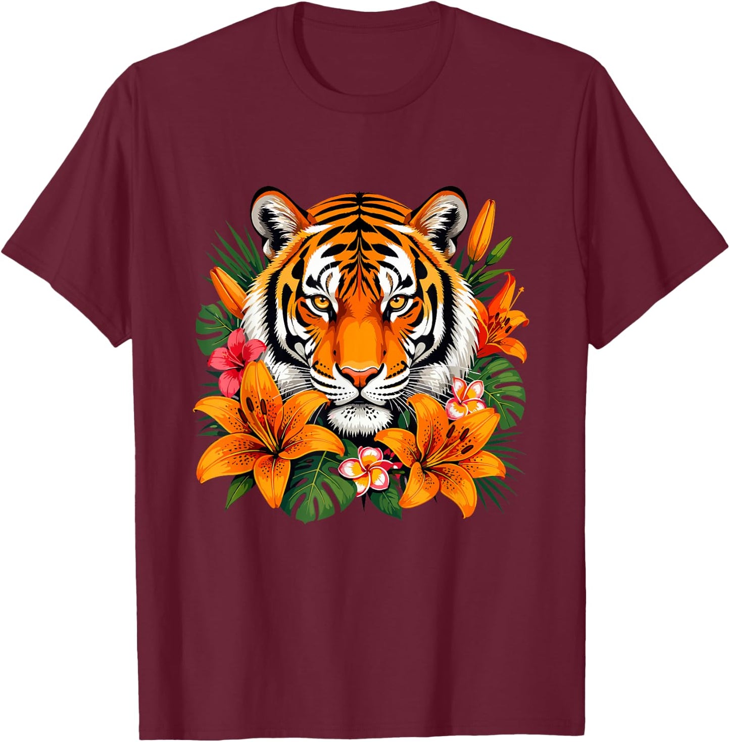 Tropical Tiger with Orange Lilies Jungle Flowers T-Shirt - T-Shirt | Maroon
