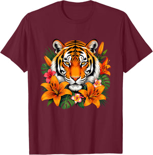 Tropical Tiger with Orange Lilies Jungle Flowers T-Shirt - T-Shirt | Maroon