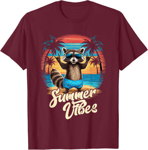 Beach Caribbean Party Hawaii Holiday Surfer Raccoon Summer , black T-Shirt - T-Shirt | Maroon