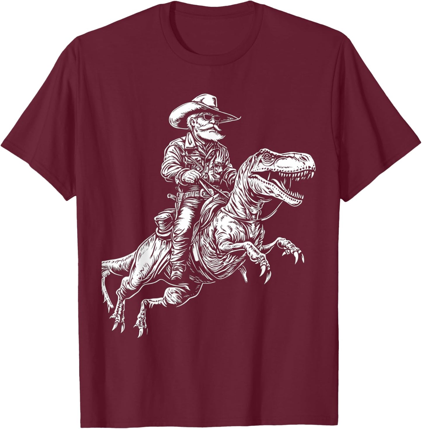 Funny Cowboy Riding Dinosaur Graphic T-Shirt - T-Shirt | Maroon