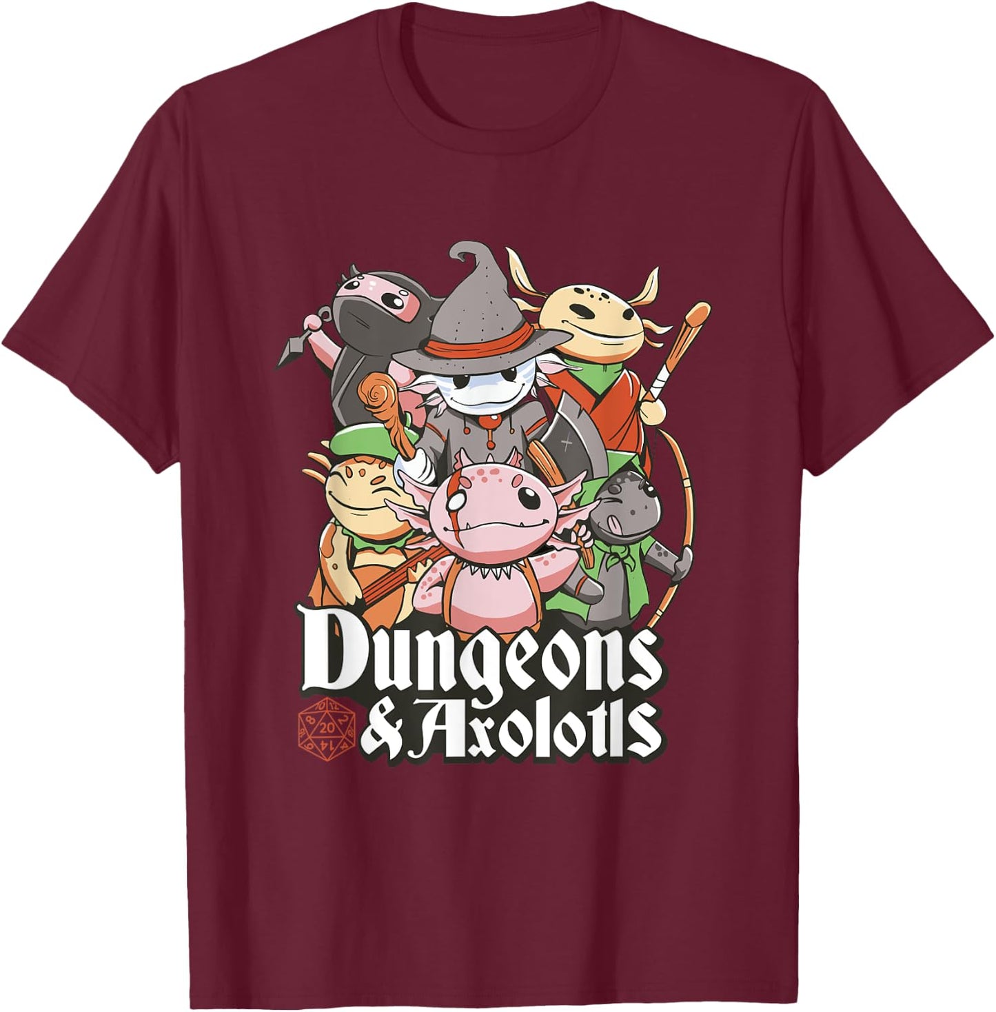 Funny Dungeon Axolotl Wizards And Warriors Medieval D20 Dice T-Shirt - T-Shirt | Maroon
