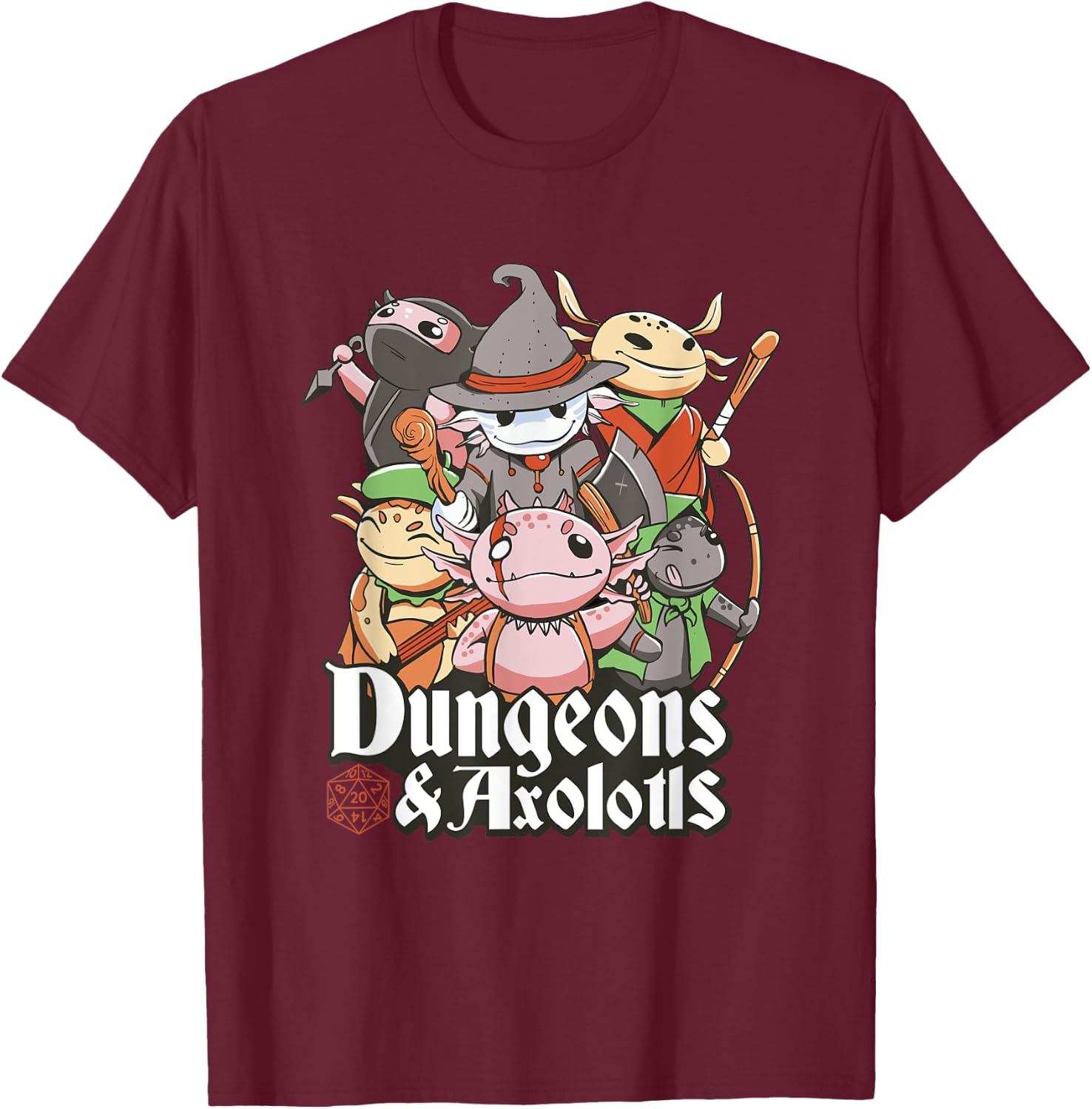 Funny Dungeon Axolotl Wizards And Warriors Medieval D20 Dice T-Shirt - T-Shirt | Maroon