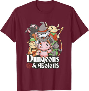 Funny Dungeon Axolotl Wizards And Warriors Medieval D20 Dice T-Shirt - T-Shirt | Maroon