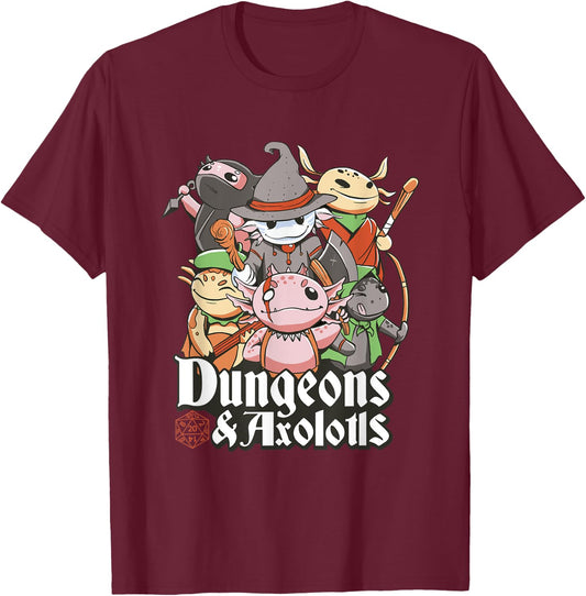 Funny Dungeon Axolotl Wizards And Warriors Medieval D20 Dice T-Shirt - T-Shirt | Maroon