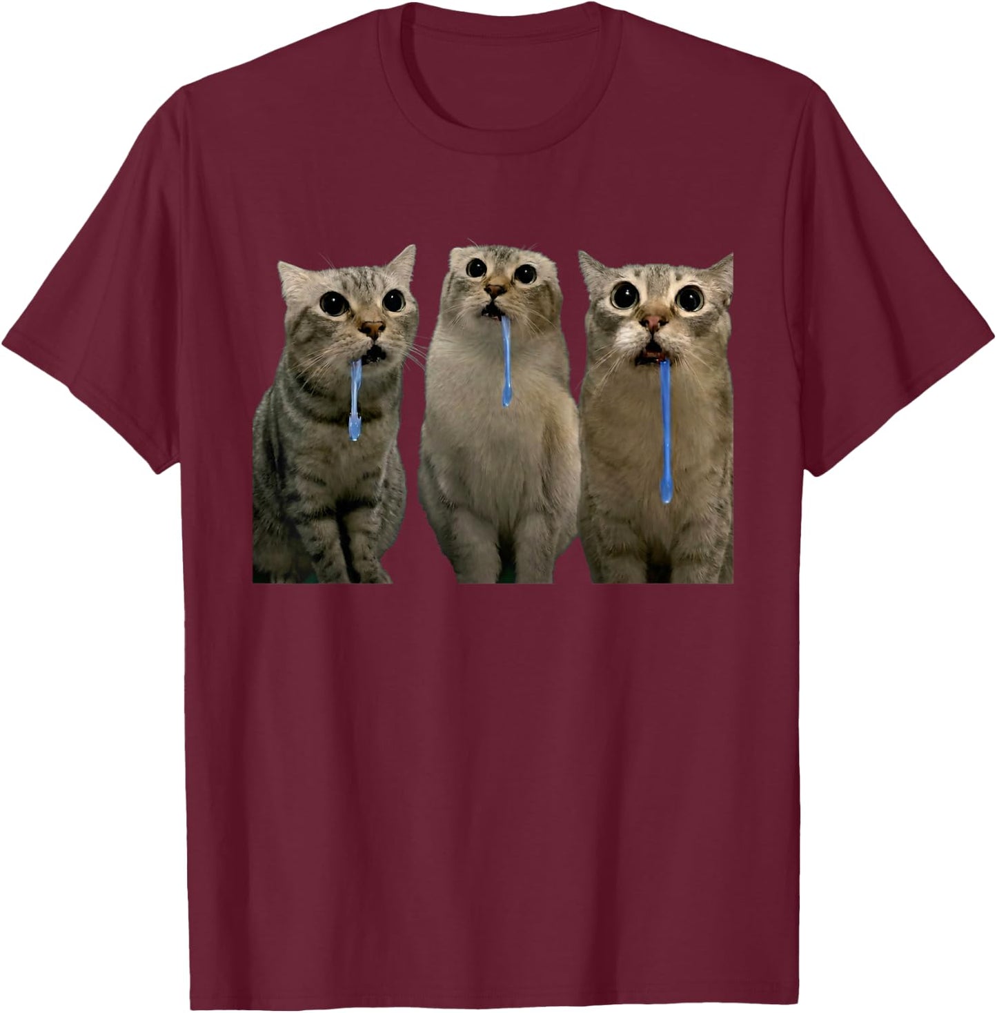Cats Yelling at a Drooling Cat Double Funny Meme T-Shirt - T-Shirt | Maroon