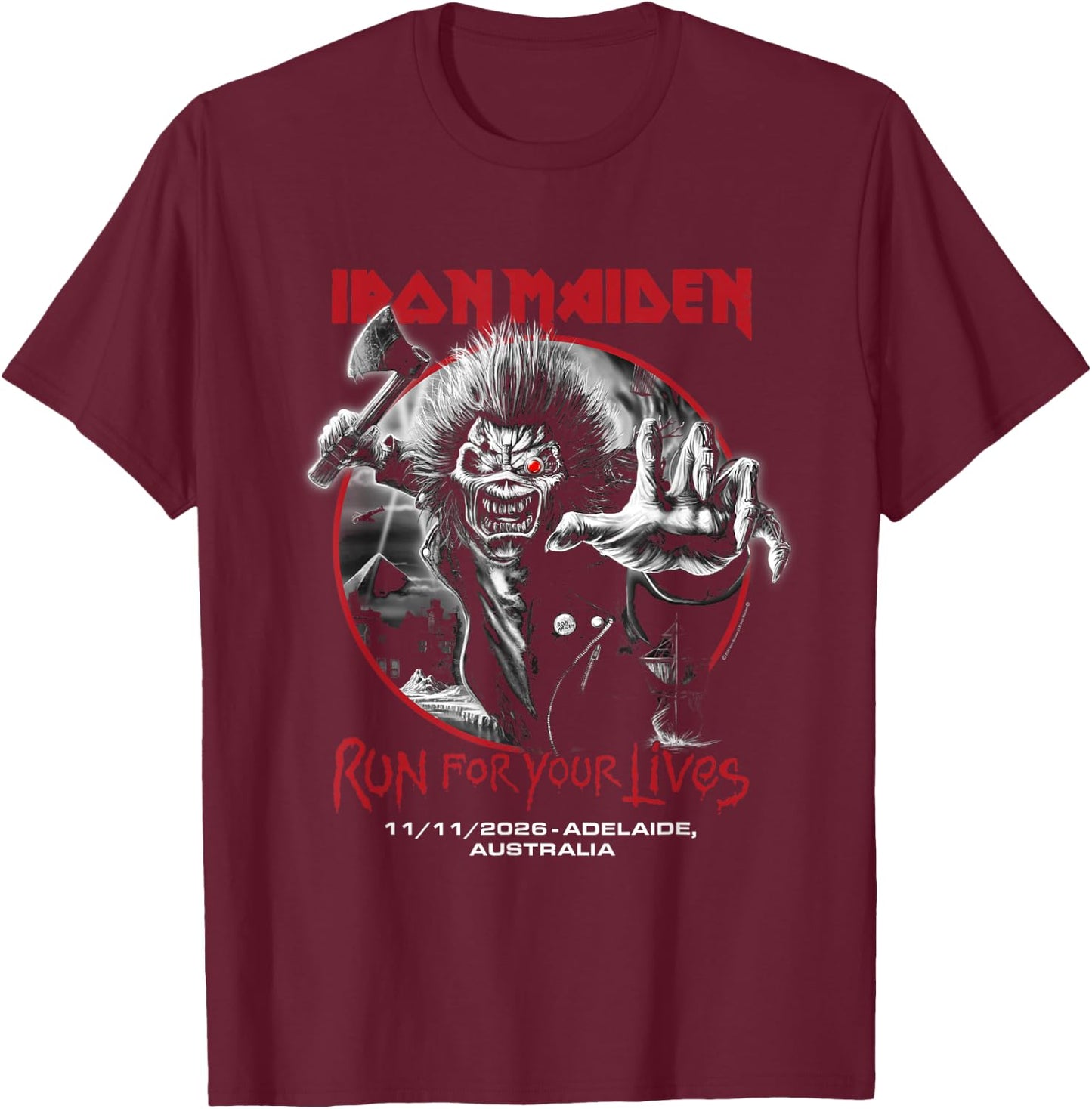 Iron Maiden Run for Your Lives Tour 2026 Adelaide T-Shirt - T-Shirt | Maroon