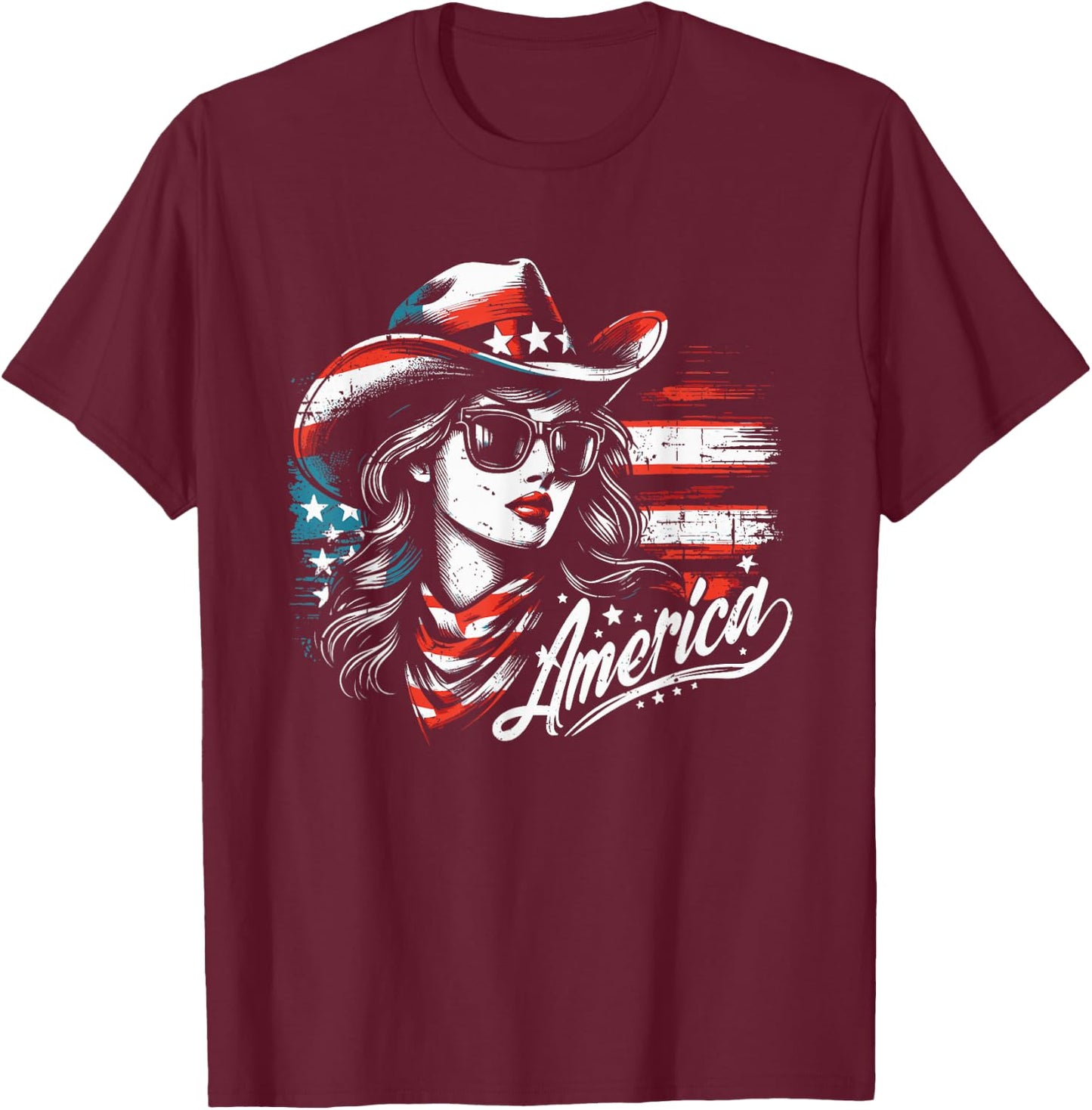 Vintage Cowgirl America Western 4th of July Girls T-Shirt - T-Shirt | Maroon